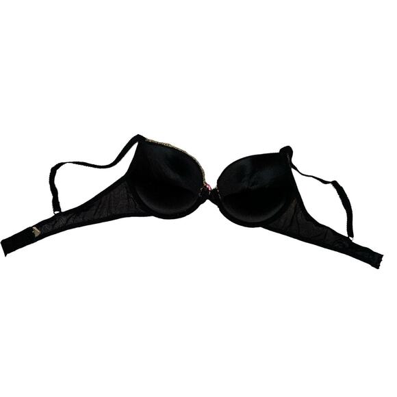 Vintage QT Bra Black Pink Floral‎ Embroidered 38C Rayon Nylon Adjustable Straps - Picture 4 of 8